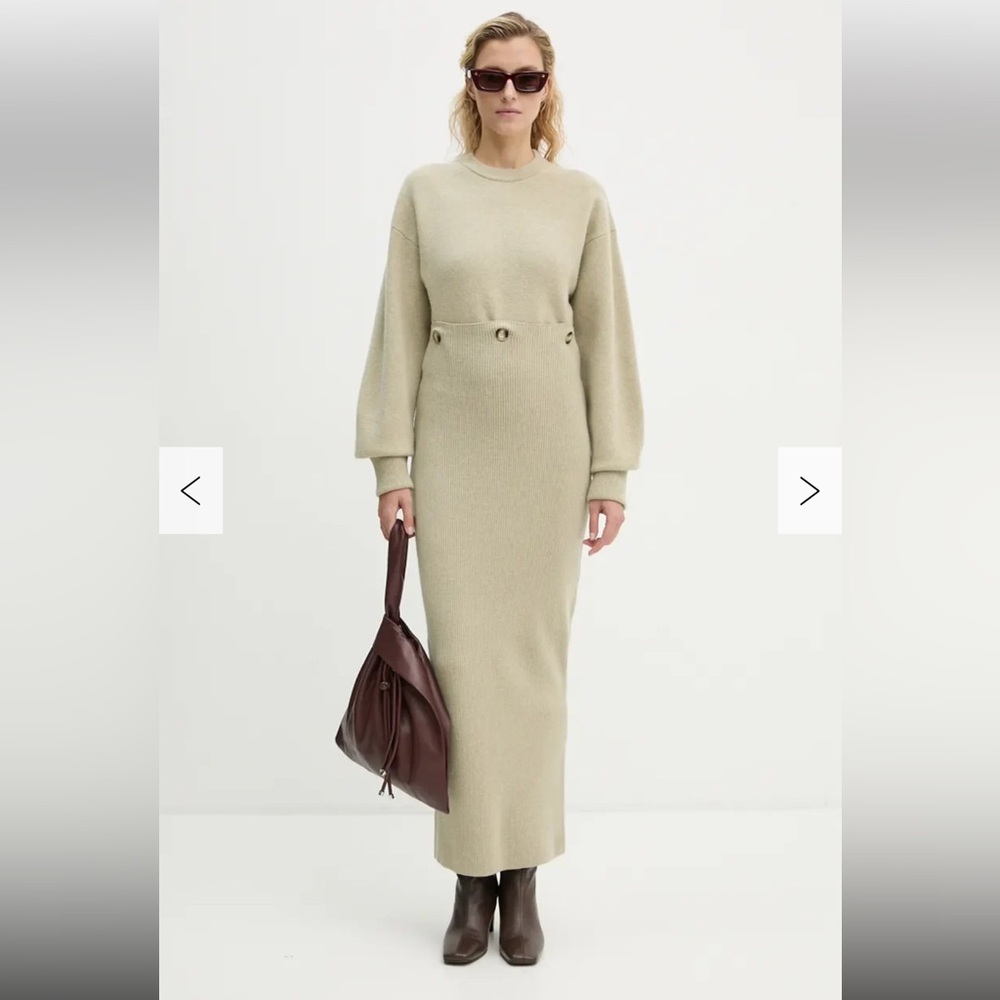 Nanushka Zothy Compact Merino Wool Midi Dress in Stone size S